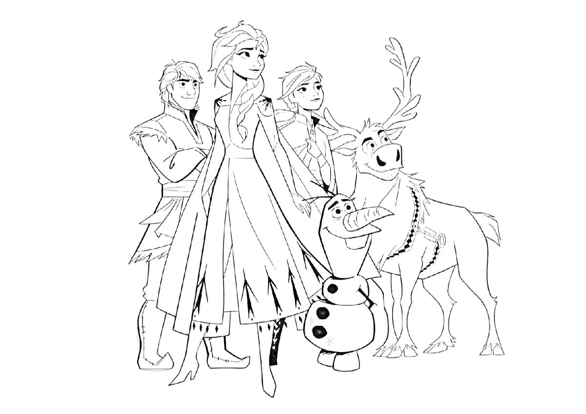 Раскраска Эльза и её друзья: парень в одежде, девушка с косичкой, олень, снеговик