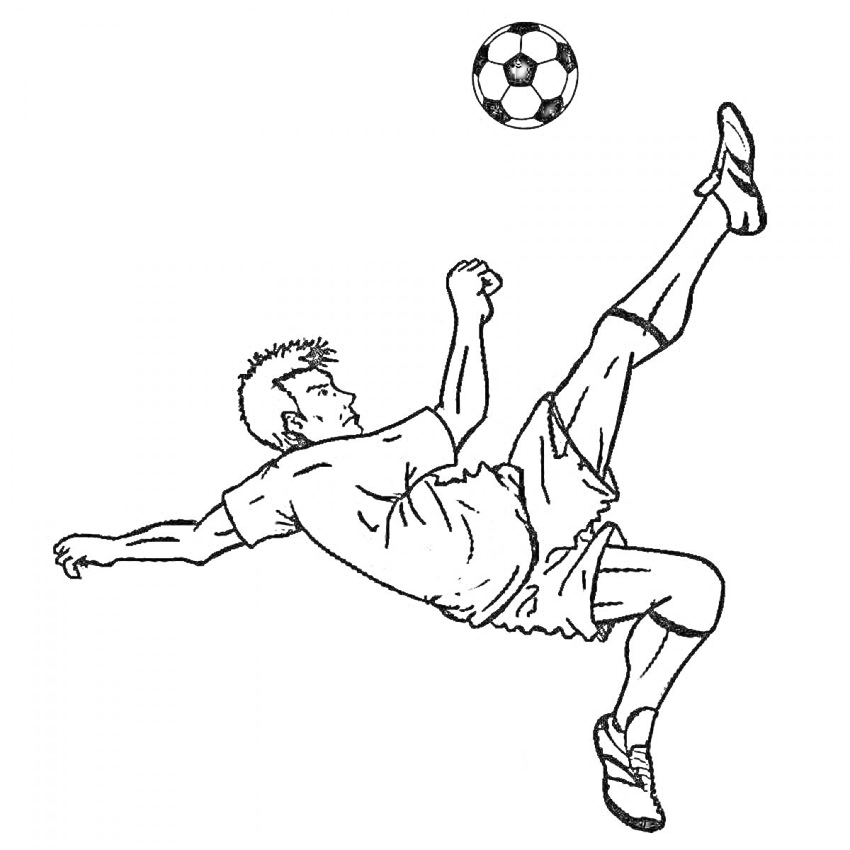 Раскраска Футболист в прыжке выполняет удар через себя, над ним летит футбольный мяч