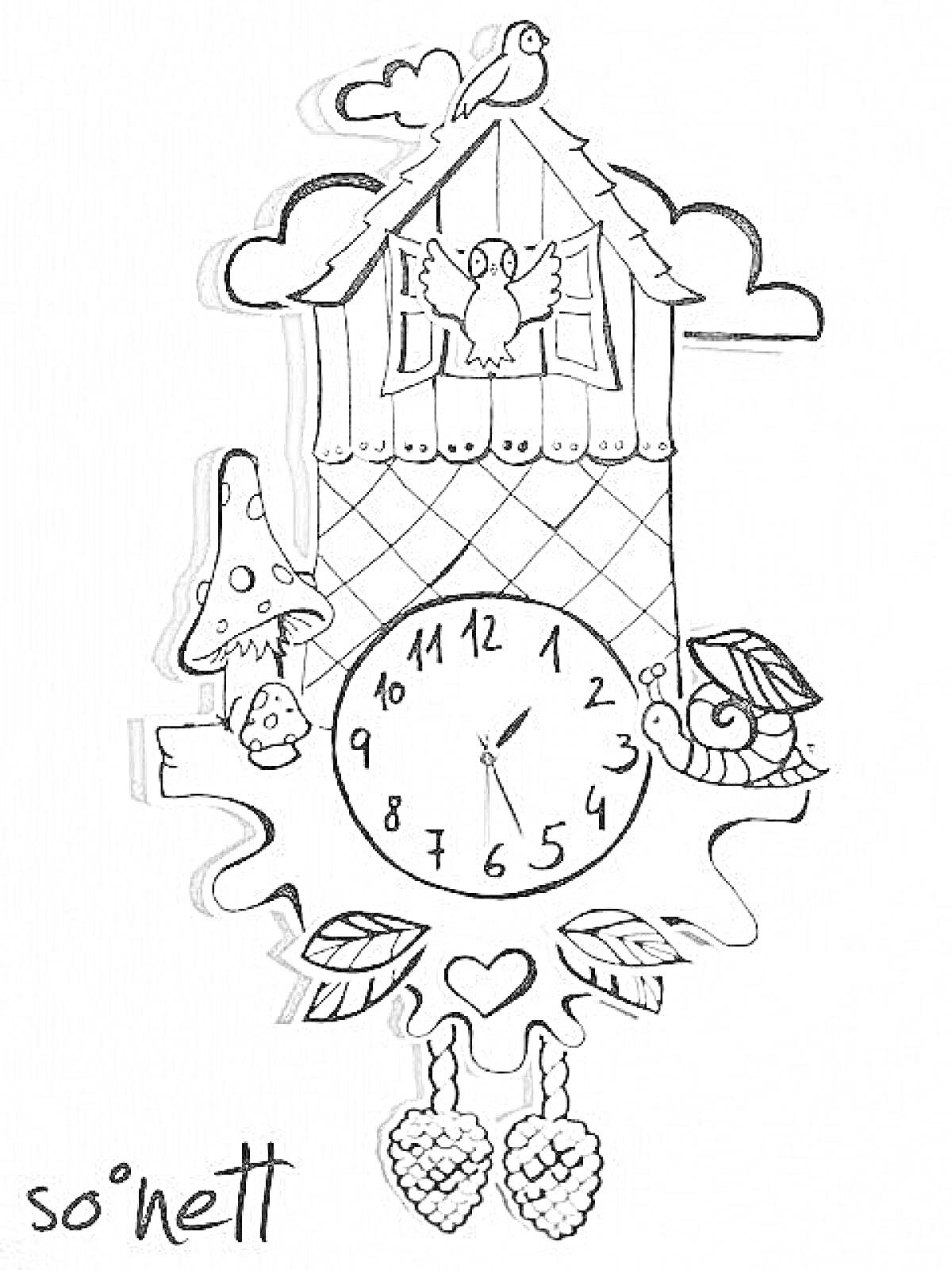 Раскраска Часы с кукушкой, пуговицами, совой, грибами, листьями, сердечком и домом