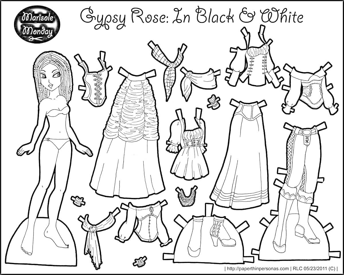 Раскраска Gypsy Rose: In Black & White. В наборе изображены кукла-девочка с длинными прямыми волосами и коллекция одежды и аксессуаров: топ с шнуровкой, юбка с воланами, платье с рукавами-крылышками, пышная юбка, блузка с открытыми плечами, пышное платье, юбка с по