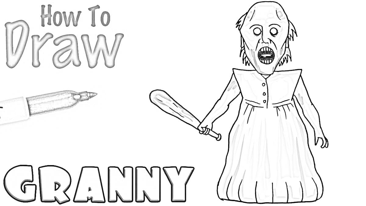 Раскраска Инструкция по рисованию бабки Гренни с дубинкой в белом платье