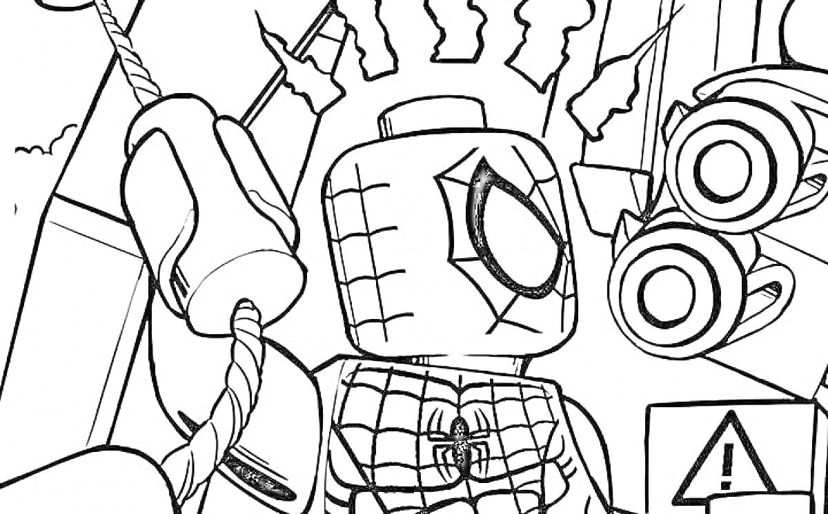 На раскраске изображено: Человек-паук, Лего, Паутина, Здания
