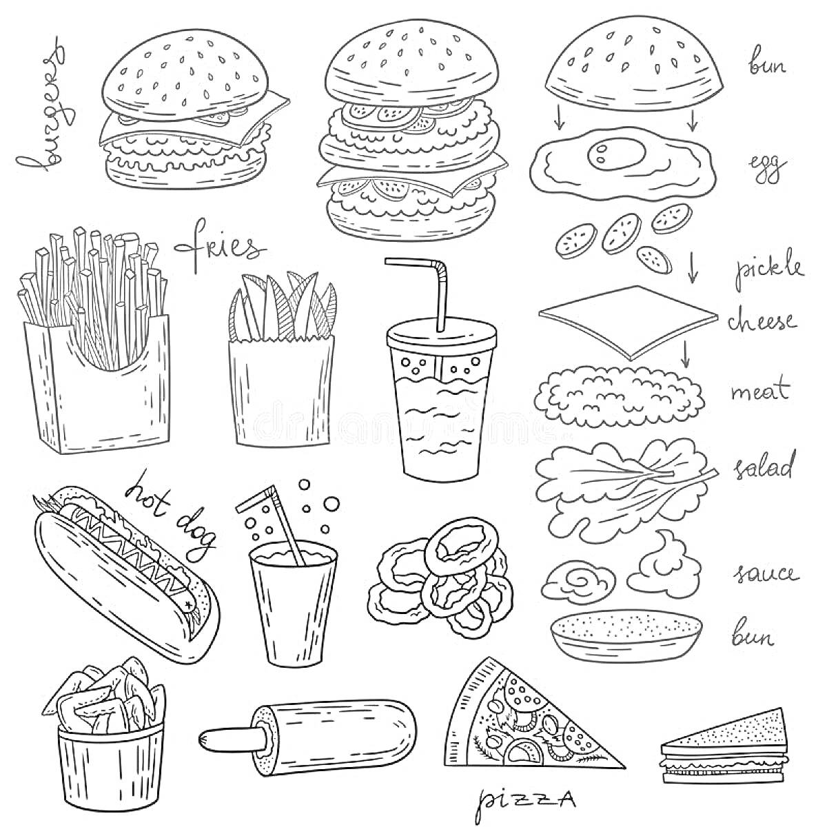 Раскраска Бургеры, картофель фри, хот-дог, напиток, луковые кольца, яйца, пицца, чизкейк, мороженое, салат, соус, соления, сыр, мясо, булочки
