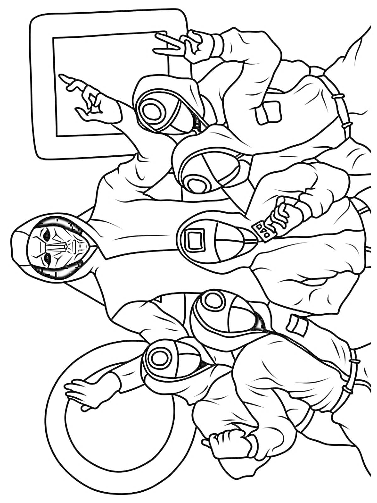 На раскраске изображено: Игра в кальмара, Группа, Маска, Костюм, Персонаж, Квадраты, Круги, Треугольники