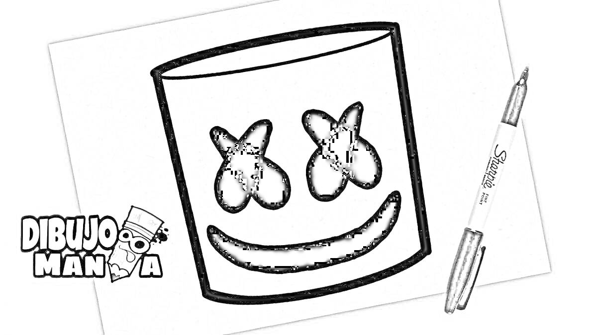 маршмеллоу с улыбающимся лицом, маркером и логотипом Dibujo Manía