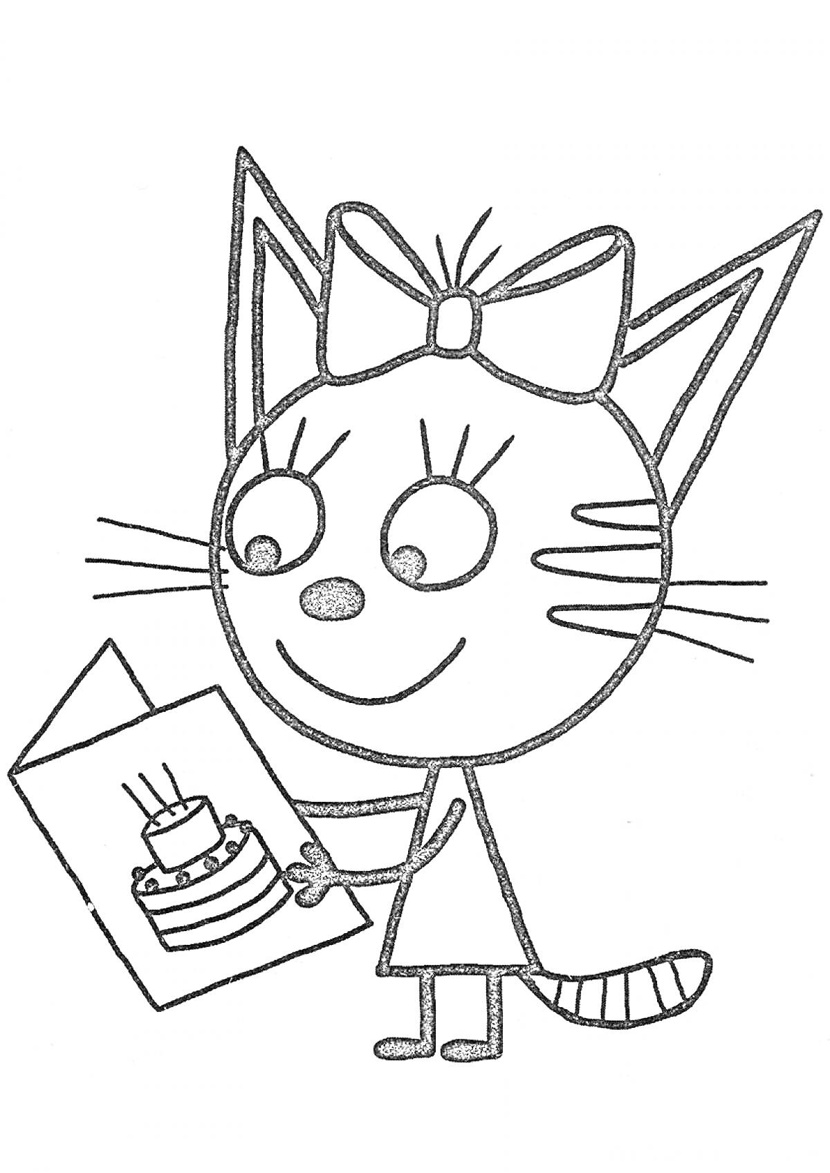 Кот с бантом, читающий открытку с рисунком торта