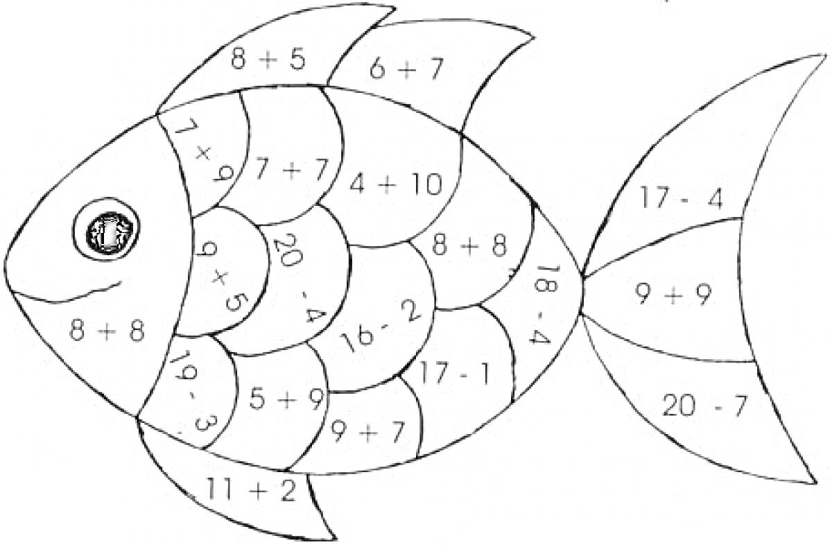 Раскраска Рыбка с математическими примерами для раскрашивания (с примерами сложения и вычитания)
