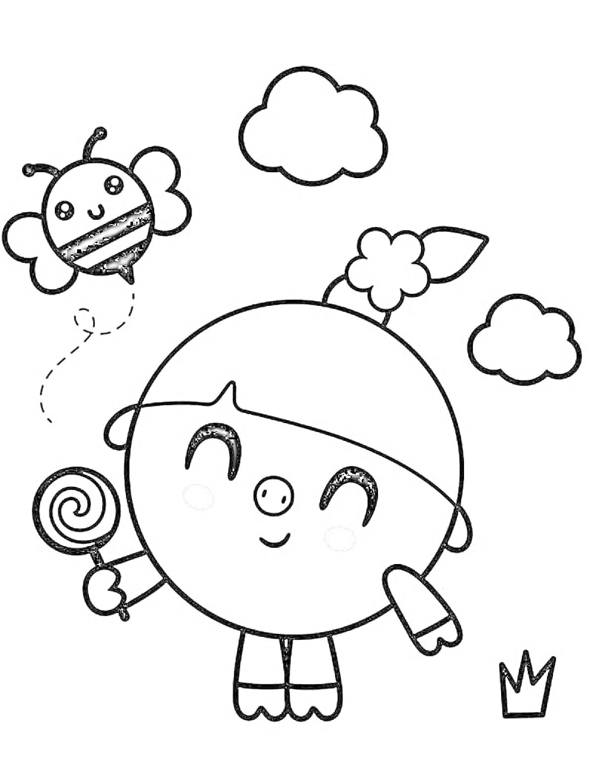 На раскраске изображено: Малышарики, Леденец, Пчелка, Облака, Корона, Из мультфильмов, Детский персонаж