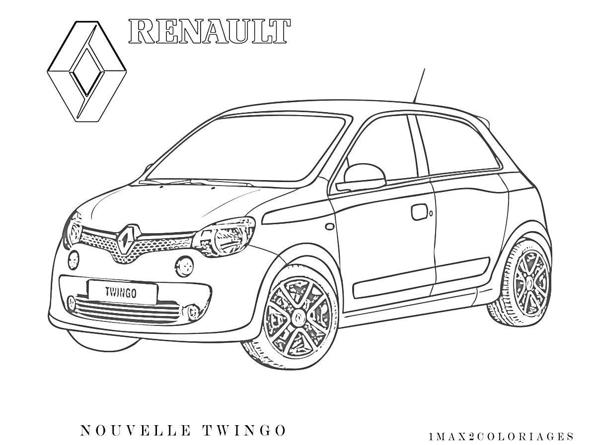 На раскраске изображено: Renault, Колёса, Окна, Фары