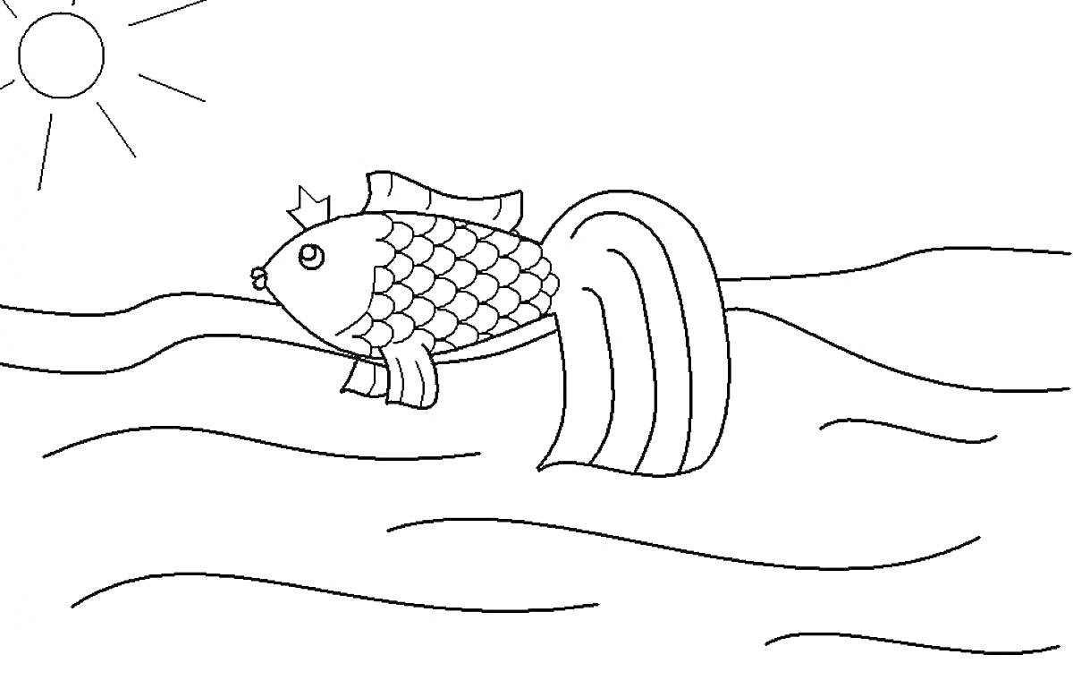 На раскраске изображено: Золотая рыбка, Волны, Солнце, Море, Вода, Рыба, Природа, Для детей