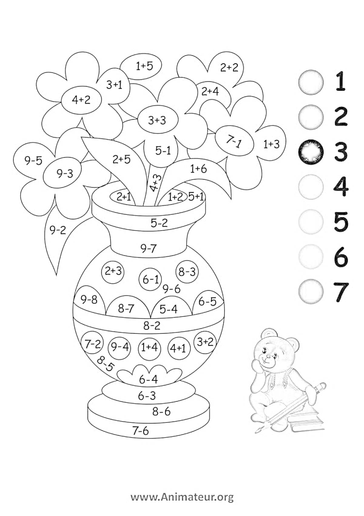 На раскраске изображено: Ваза, Цветы, Медведь, Примеры, Сложение, Вычитание, Цифры, Обучение, Математика