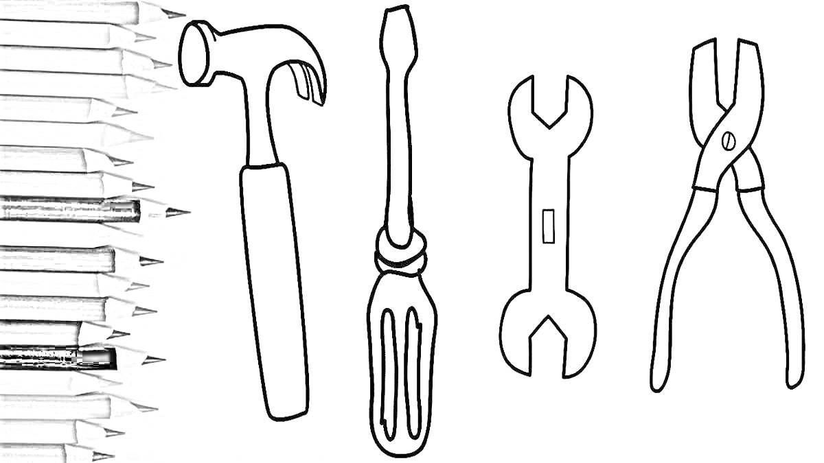 На раскраске изображено: Молоток, Отвертка, Гаечный ключ, Школьные принадлежности, Для детей, Инструмент