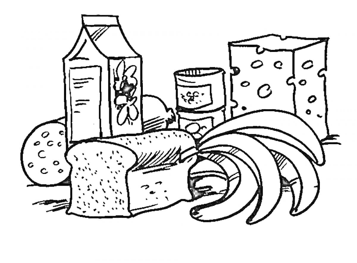 На раскраске изображено: Молоко, Сыр, Колбаса, Хлеб, Еда, Банан, Продукты