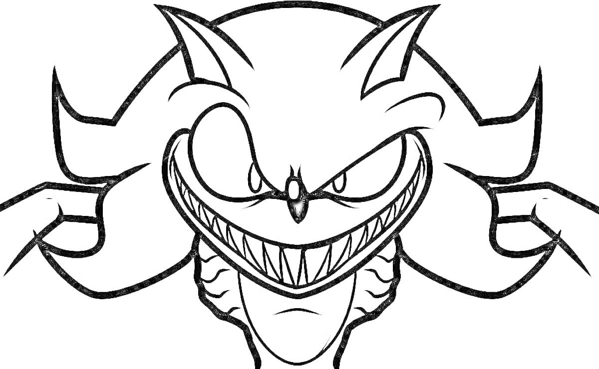 Sonic.exe с жуткой улыбкой и злыми глазами, демонстрируя когти