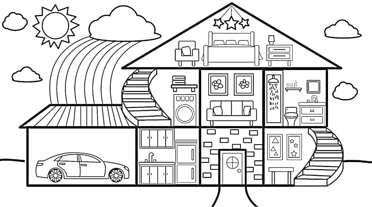 Раскраска Дом с мебелью, машиной, лестницами, облаками и солнцем