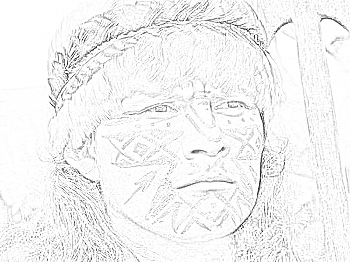 Раскраска Индеец с боевой раскраской на лице в головном уборе из перьев, с копьем