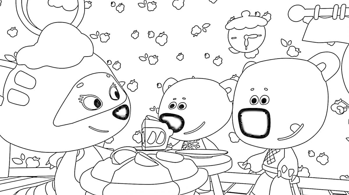 Раскраска завтрак с двумя медвежатами и другим персонажем в место, украшенном медом и фруктами
