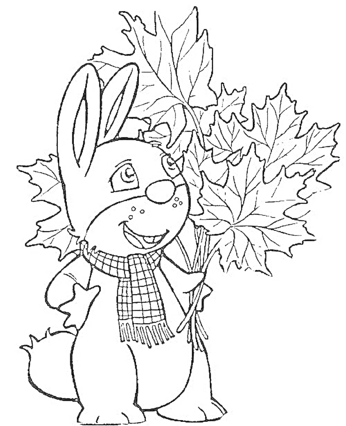 Раскраска Кролик с осенним букетом из кленовых листьев