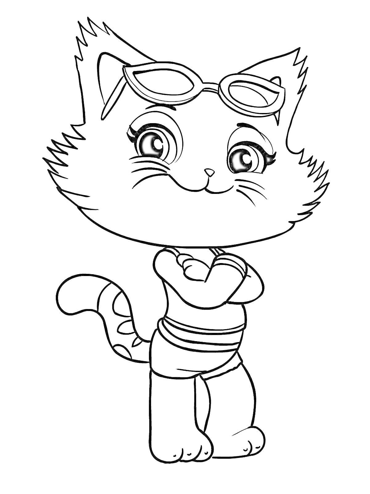 Раскраска Кошка в купальнике и солнцезащитных очках с скрещенными лапами на груди
