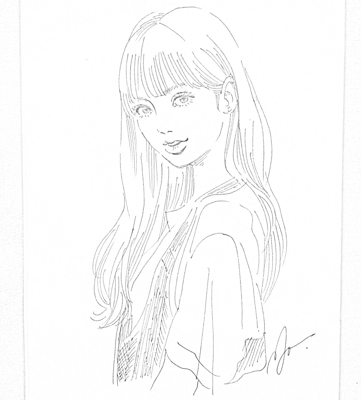 Раскраска Портрет девушки с длинными волосами и челкой, одета в футболку и жилет.