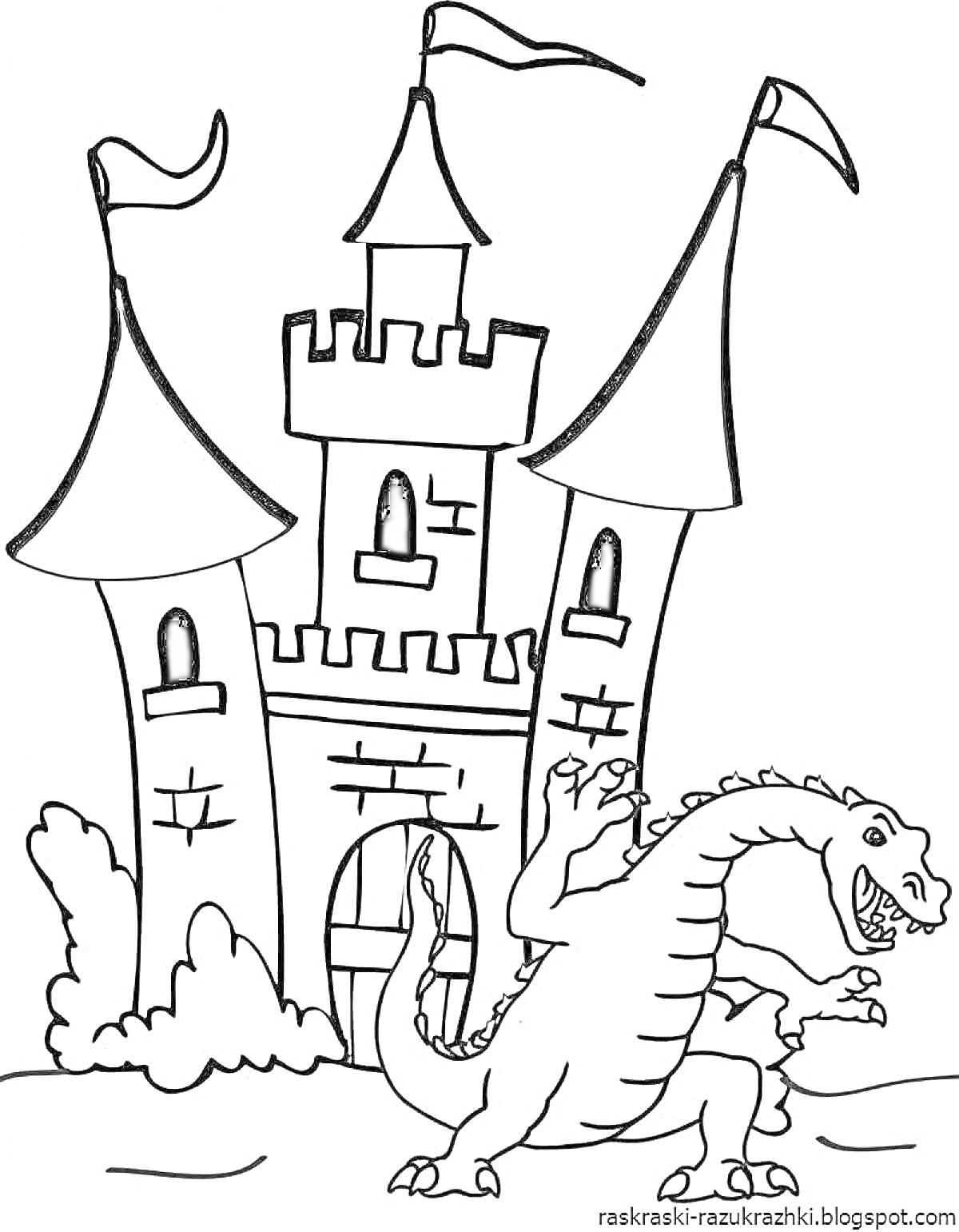 На раскраске изображено: Замок, Башни, Дракон, Средневековье, Монстр, Фантазия, Крепость, Флаг
