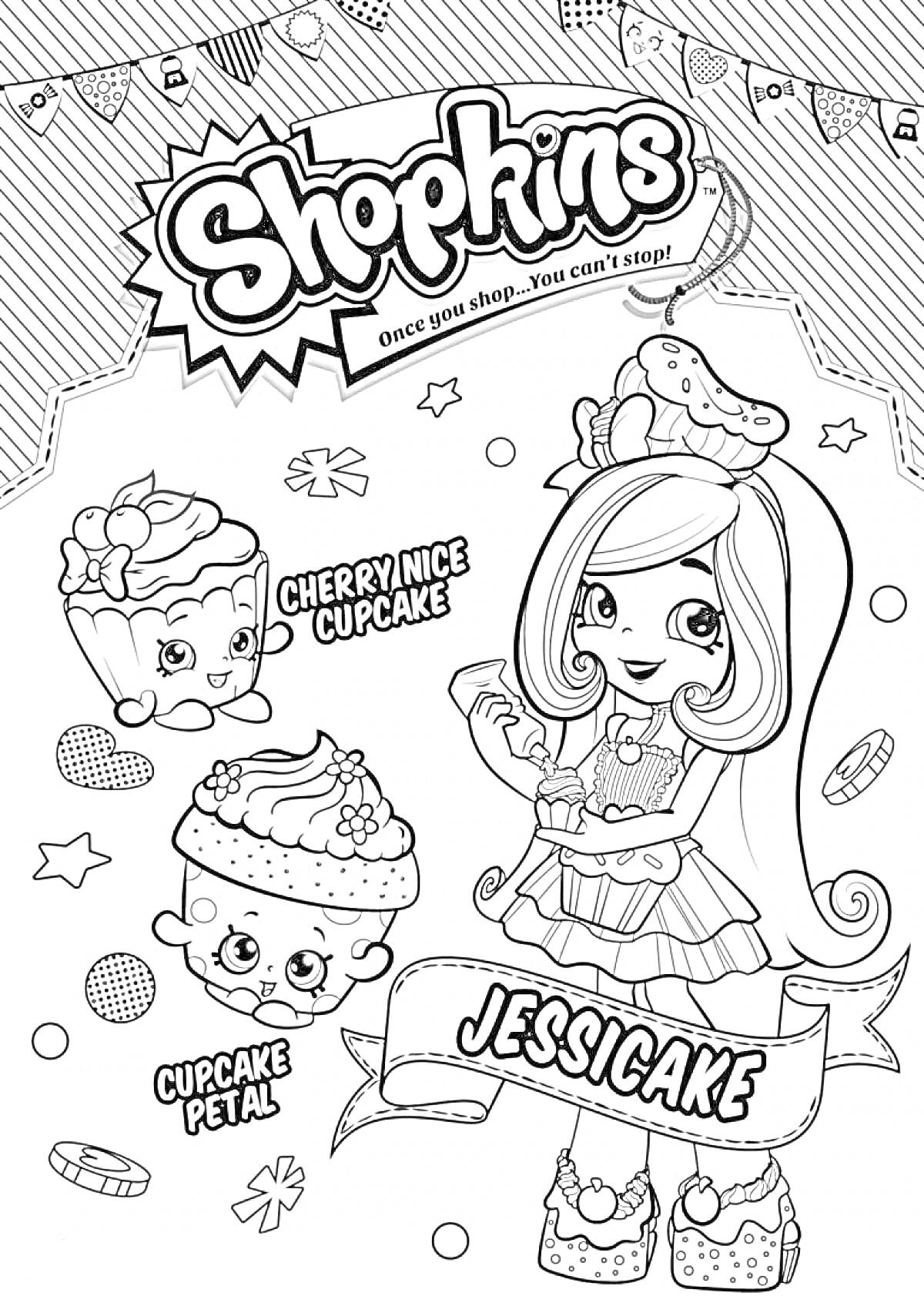 Раскраска Shopkins с персонажами Jessicake, Cherry Nice Cupcake и Cupcake Petal