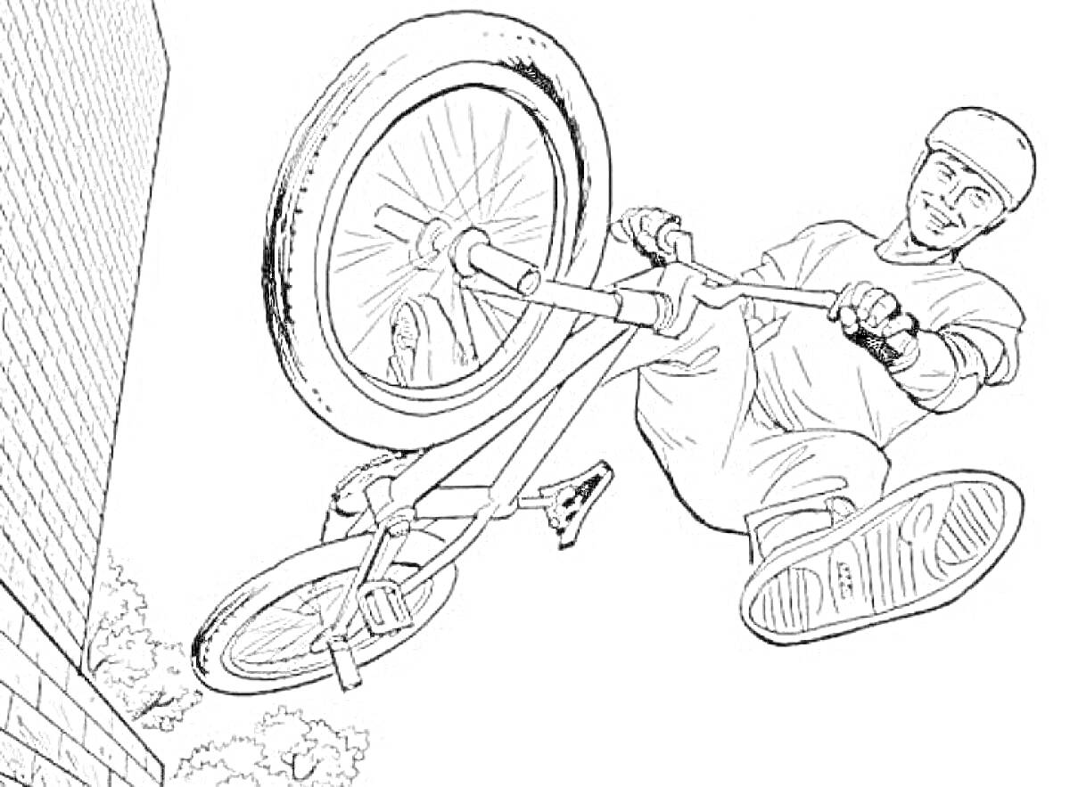 На раскраске изображено: Велосипед, Трюк, Акробатика, Спортсмен, Защита, Кирпичная стена, Шлемы, Экстремальный спорт