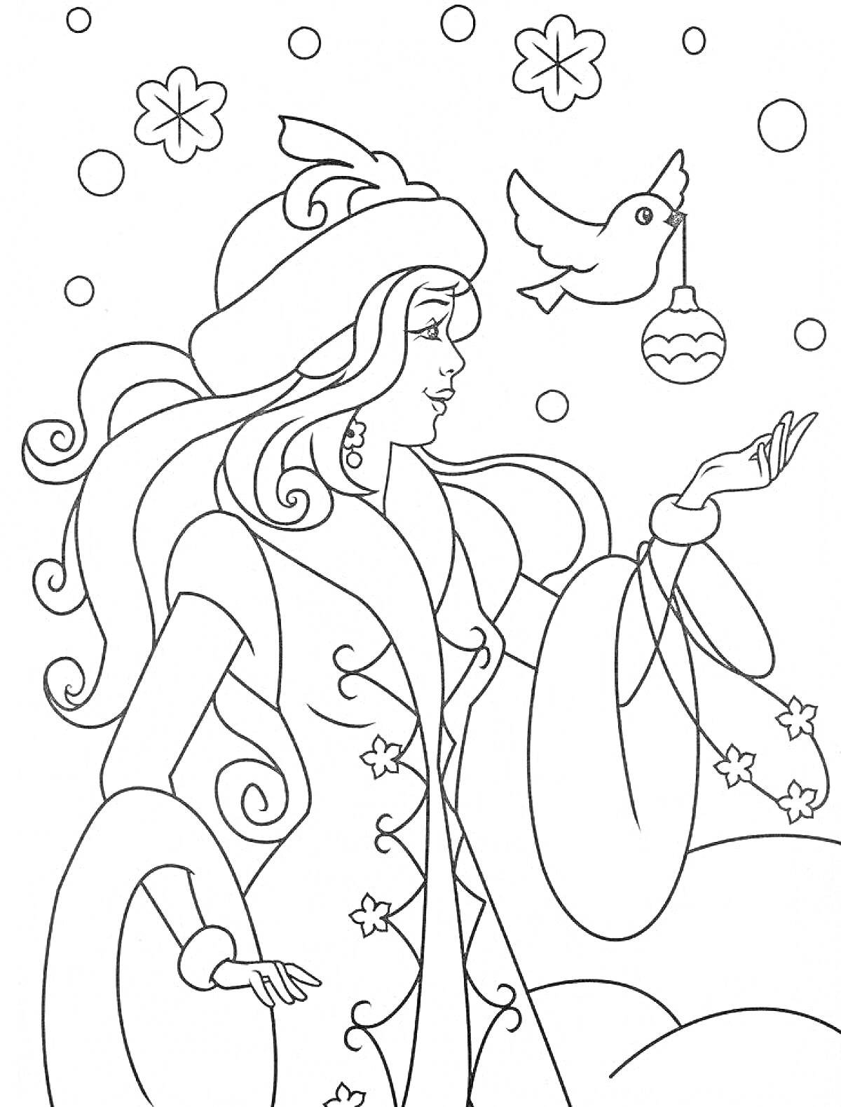 Раскраска Снегурочка с птицей, держащей ёлочное украшение, зимние цветы и снежинки