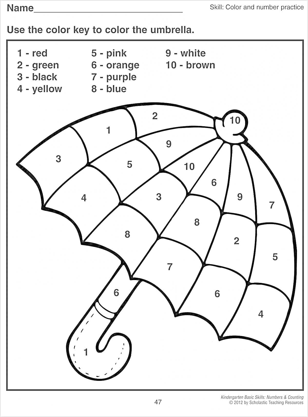 Раскраска Раскраска по цветам для детей - зонт с номерами