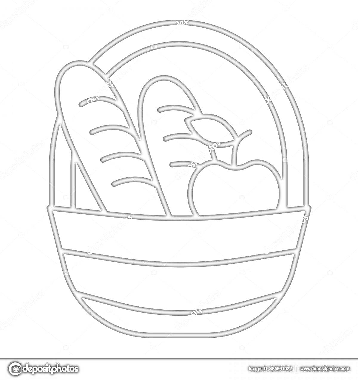 На раскраске изображено: Корзина, Пикник, Хлеб, Багет, Яблоко, Еда, Пикниковая корзина