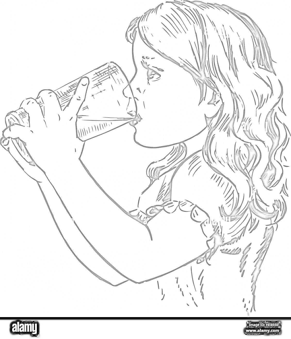 На раскраске изображено: Девочка, Длинные волосы, Стакан, Напиток