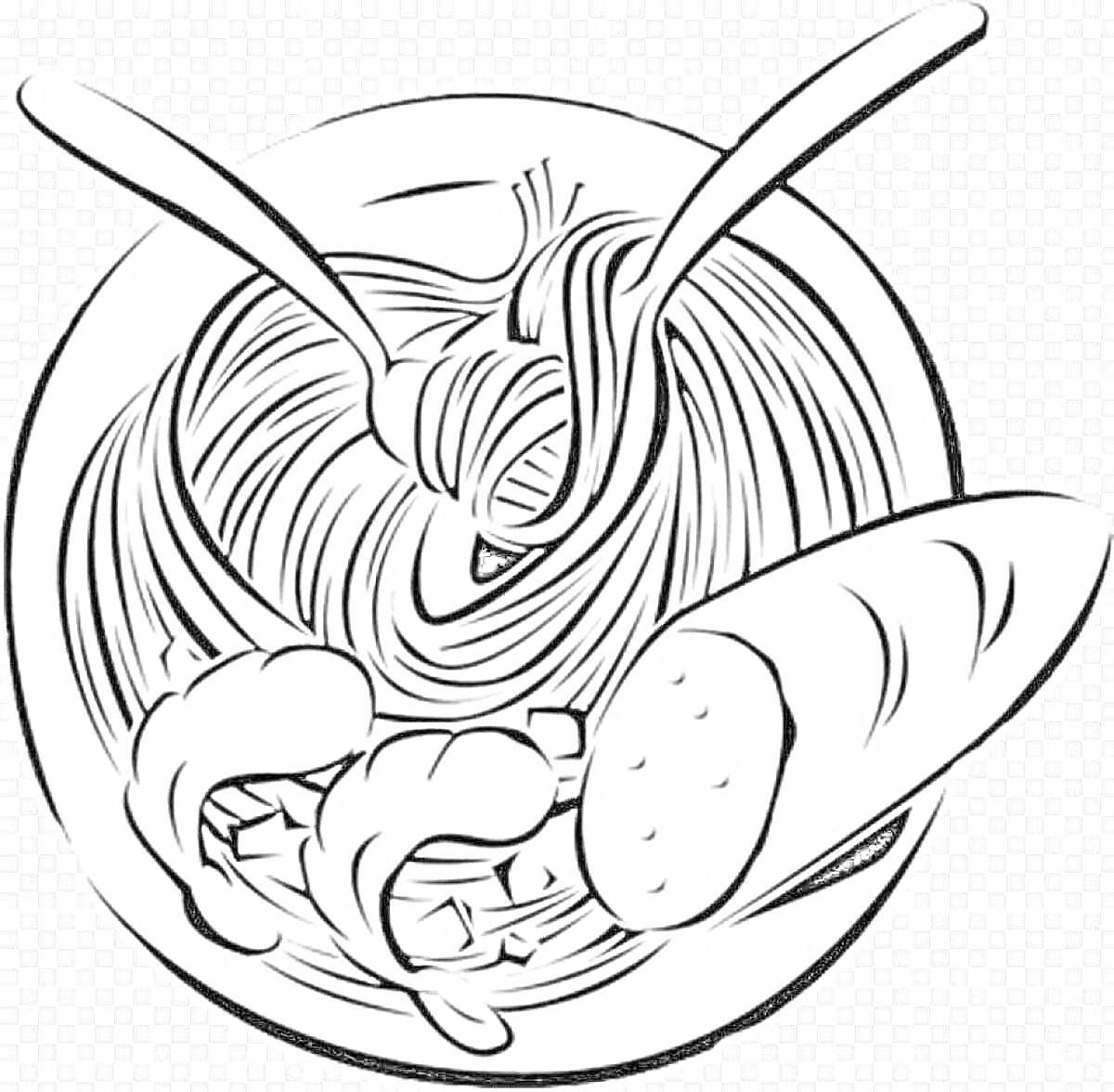 На раскраске изображено: Спагетти, Тарелка, Столовые приборы, Грибы, Хлеб, Еда, Паста, Вилка, Ложка, Кухня