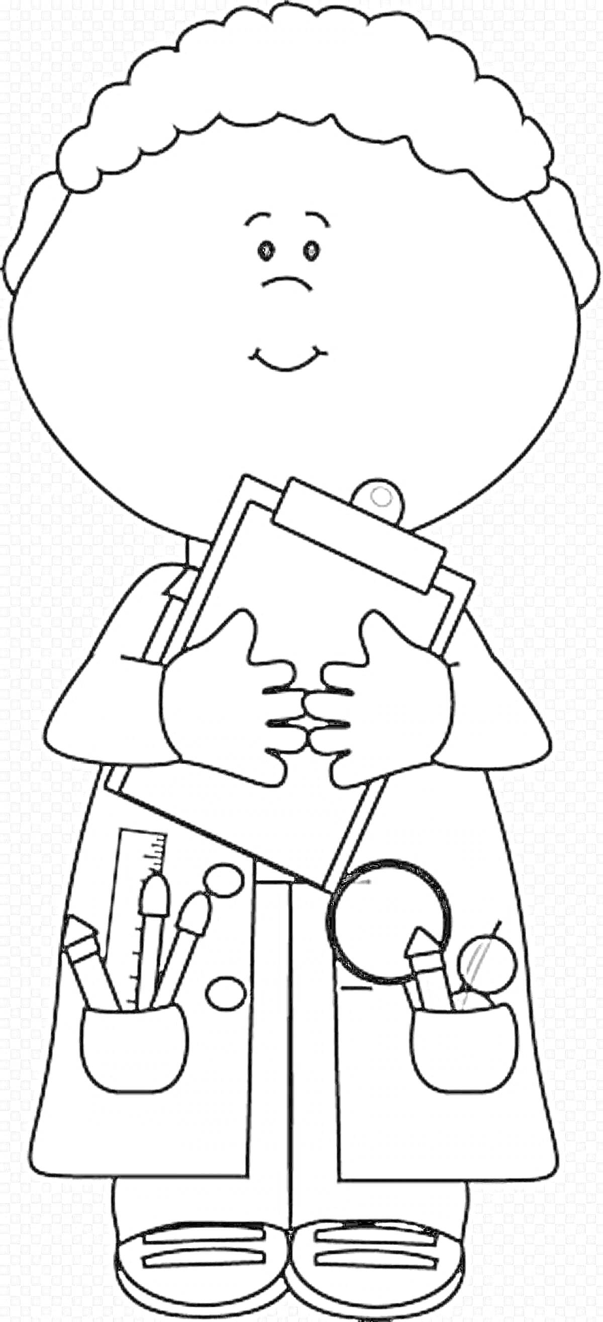 Раскраска Ученый ребенок с планшетом, инструментами и увеличительным стеклом