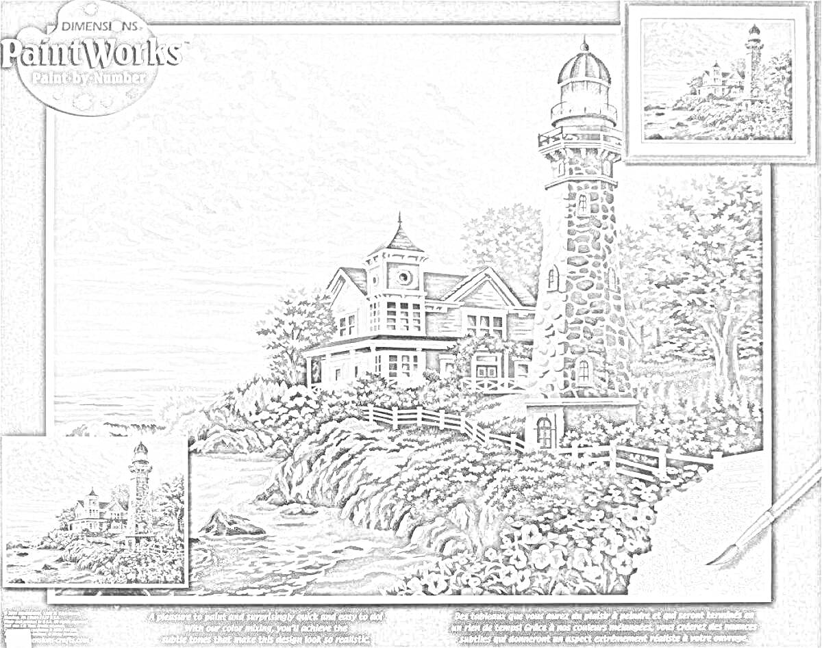 Раскраска Дом у маяка с оградой, растительностью и береговой линией