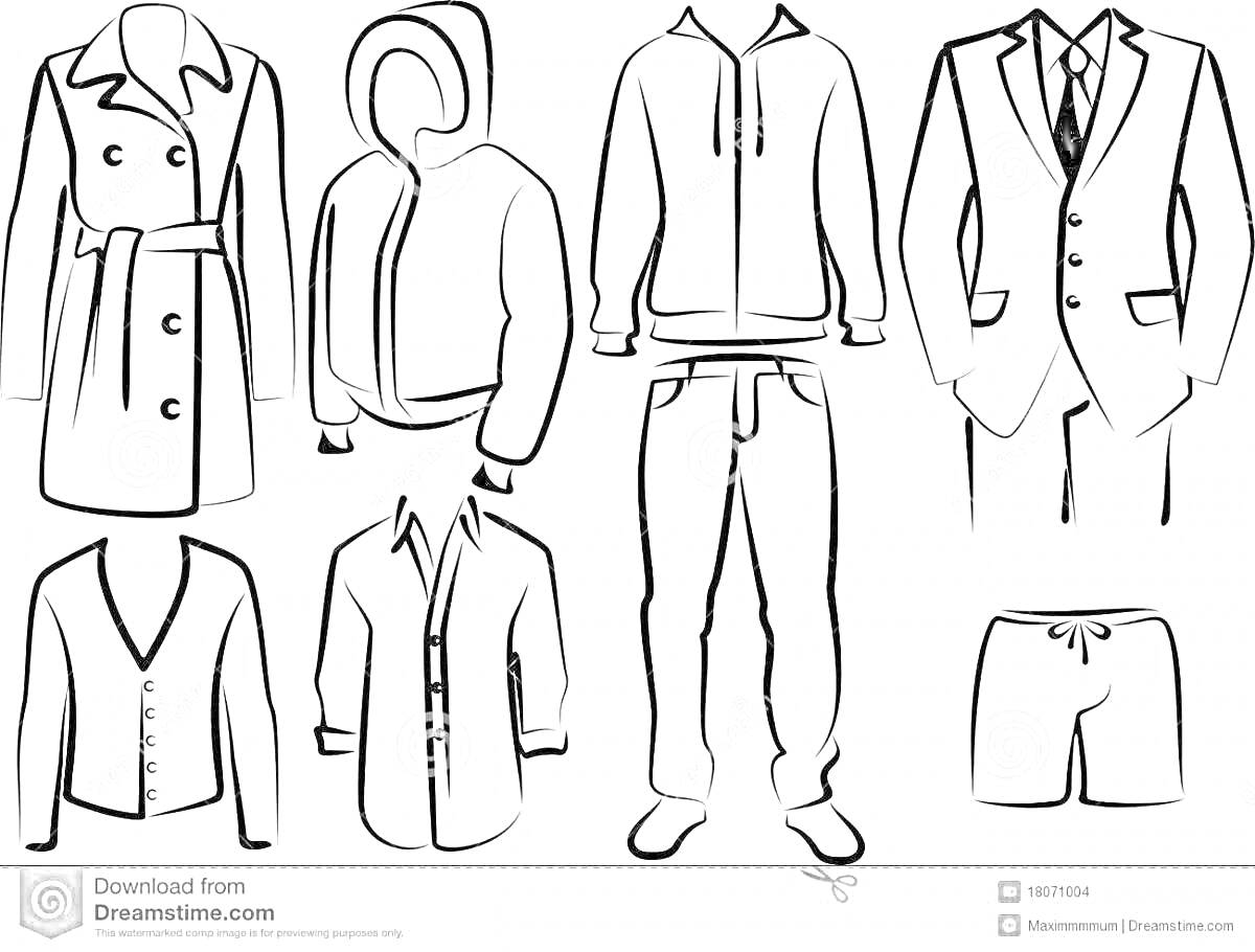 Раскраска школьная форма для мальчиков с пальто, толстовкой, курткой, спортивными штанами, жилеткой, рубашкой, костюмом и шортами