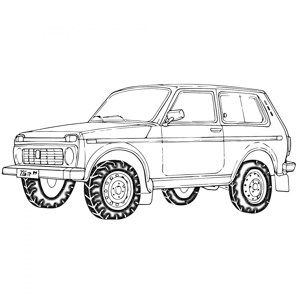 На раскраске изображено: Нива, Внедорожник, Колёса, Транспорт