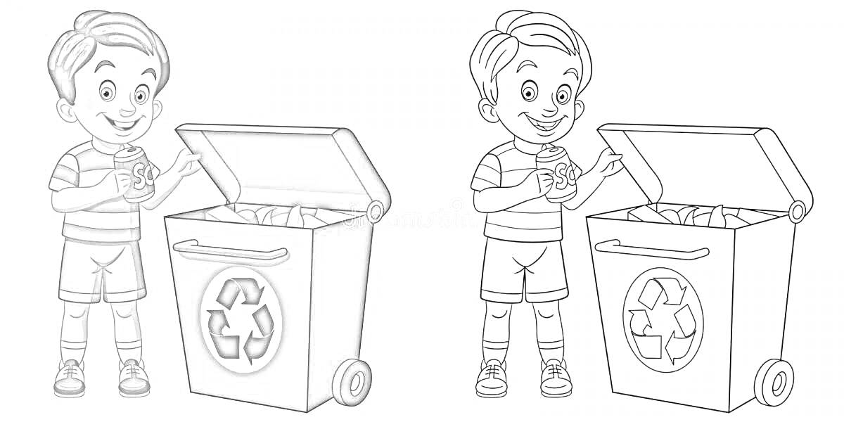 Раскраска Дети выбрасывают мусор в контейнер для раздельного сбора с символом переработки