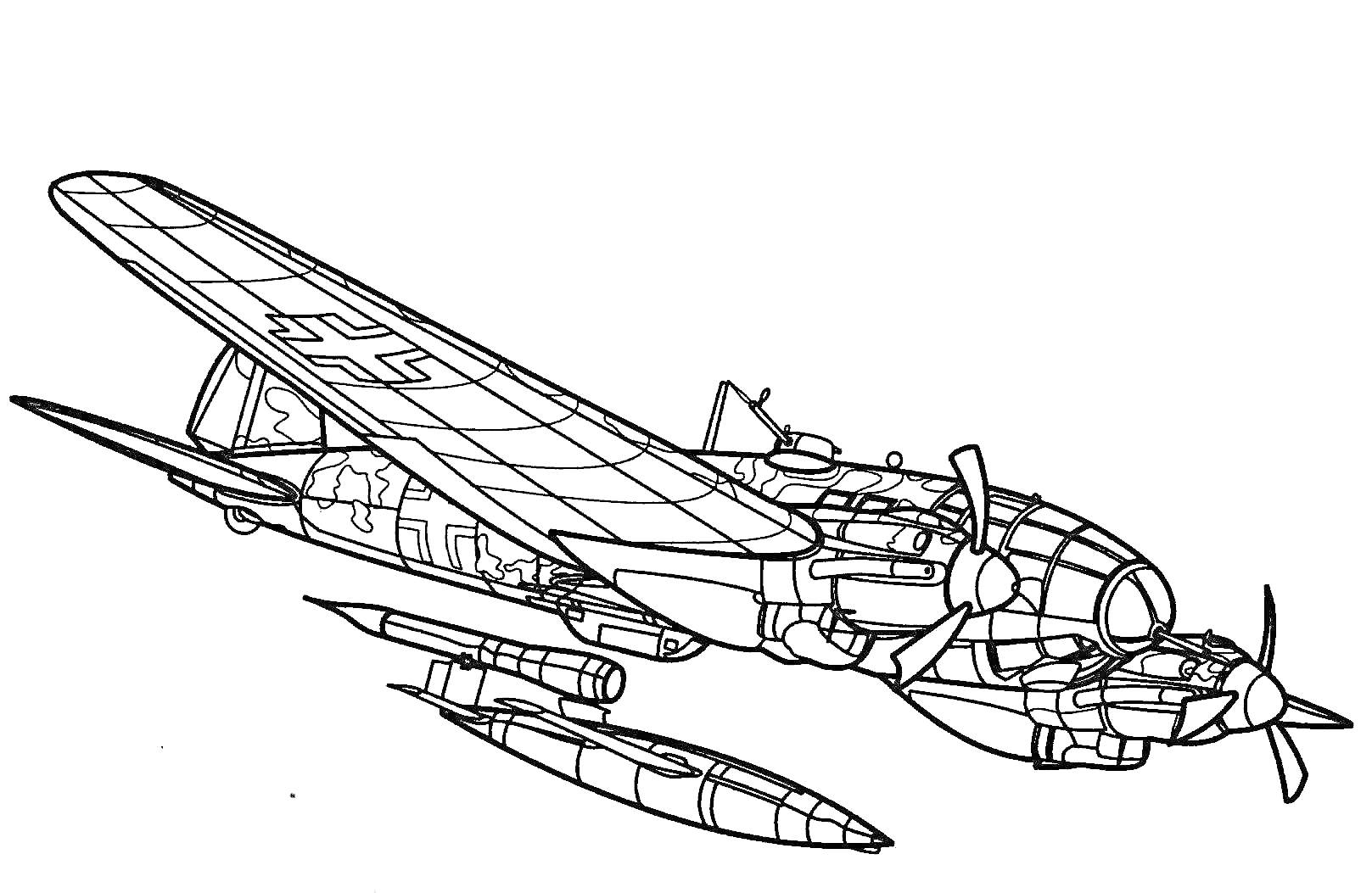 Раскраска Военный самолет с двумя пропеллерами и подфюзеляжным оборудованием