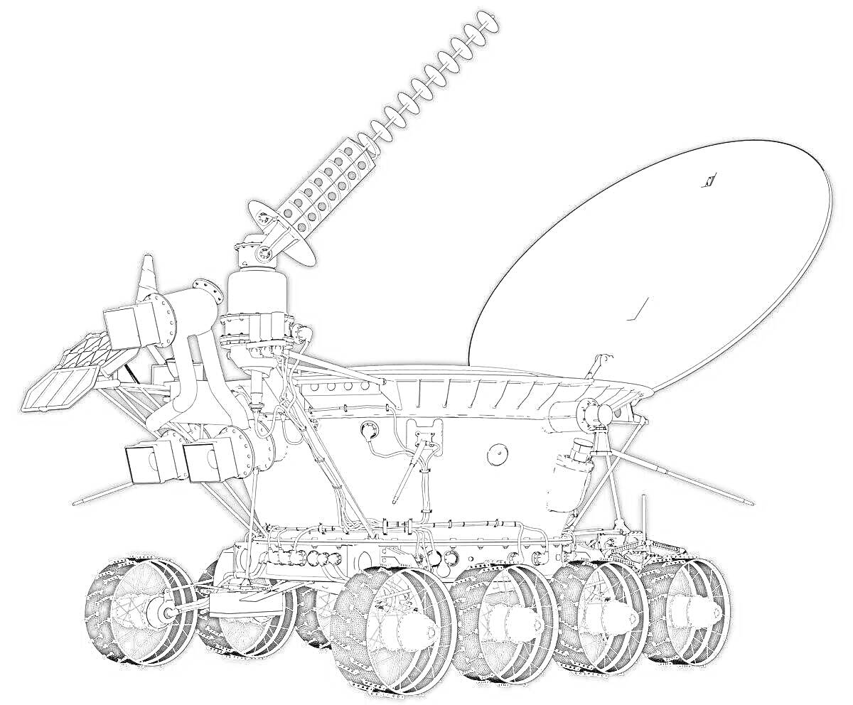 Раскраска Марсоход с антеннами, колесами, и механизмами