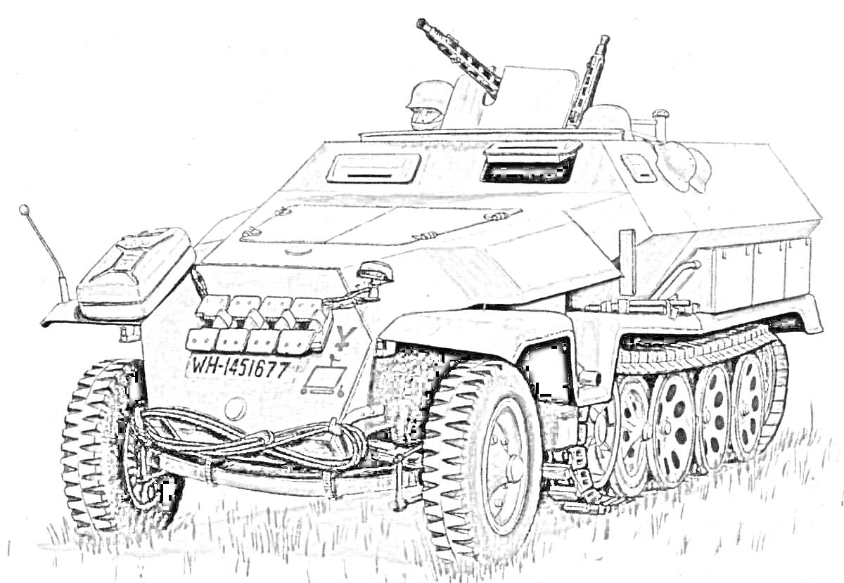 На раскраске изображено: Бронемашина, Военная техника, Пулеметы, Экипаж, Вооружение, Война, Армия