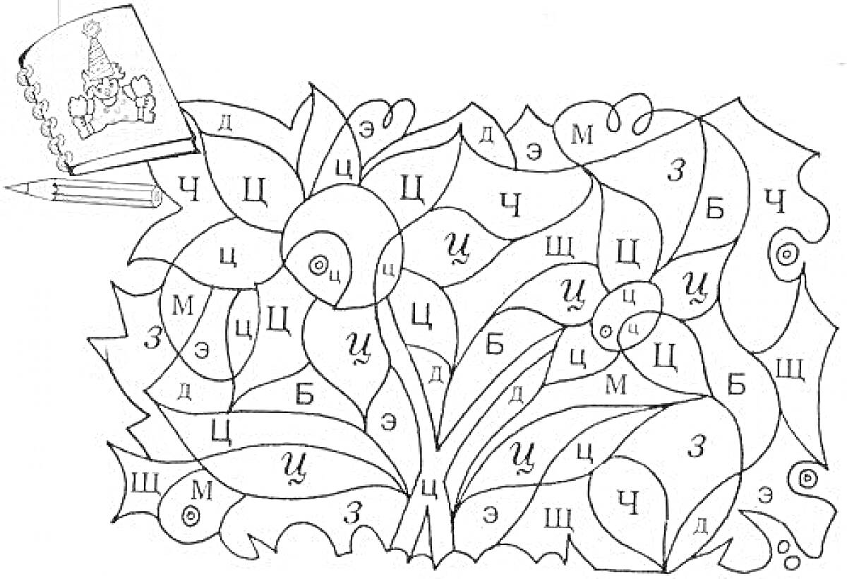 На раскраске изображено: Буква Ц, Книжка, Алфавит, Для детей, Деревья, Карандаши
