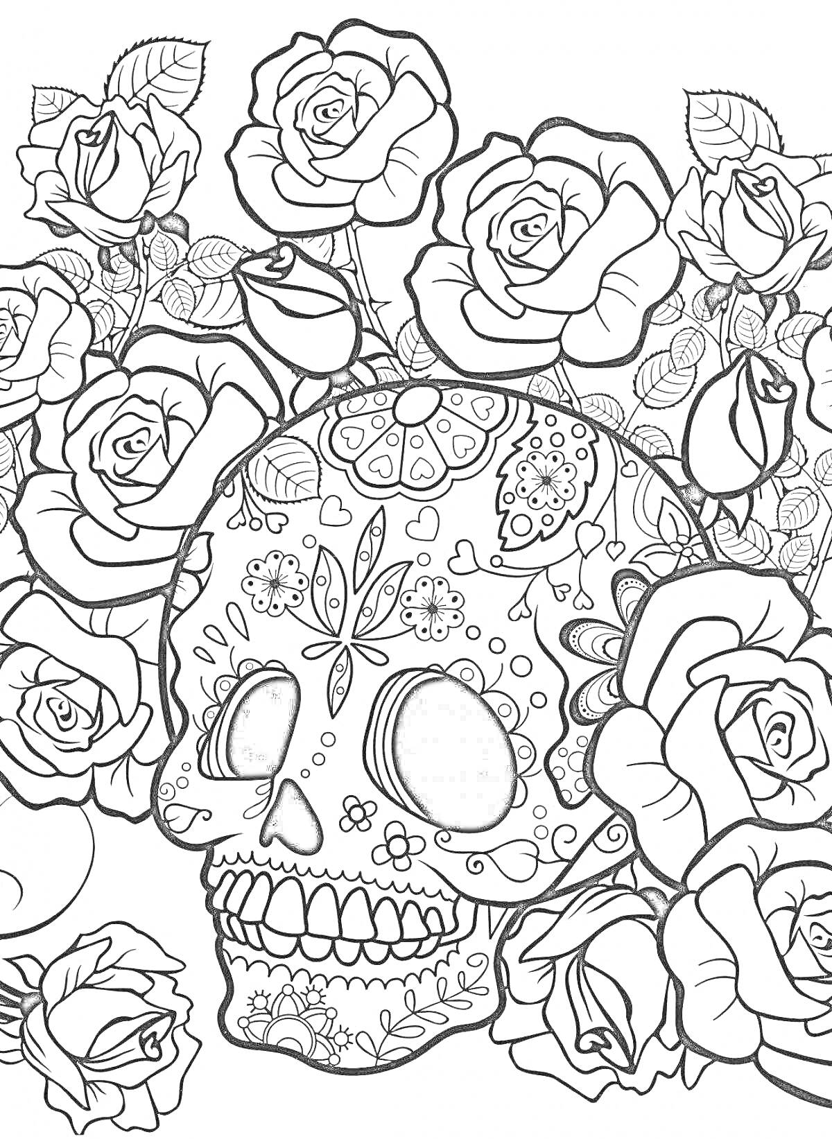 Раскраска Череп с узорами и цветами роз