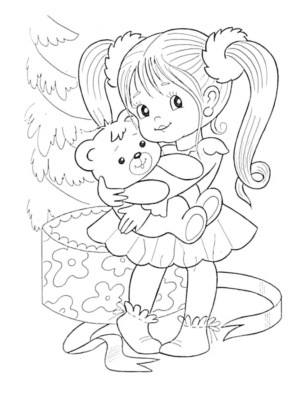 Раскраска Девочка с плюшевым медведем у новогодней елки
