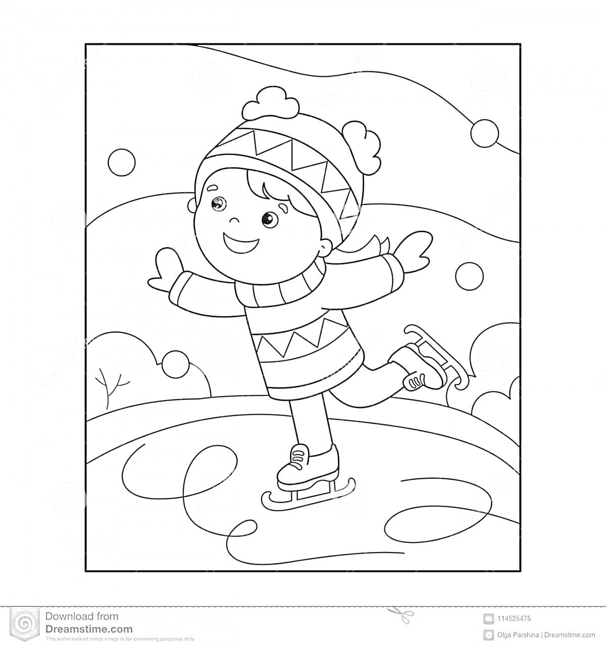 На раскраске изображено: Девочка, Коньки, Лед, Зима, Снег, Шарф, Шапка, Веселье, Пейзаж