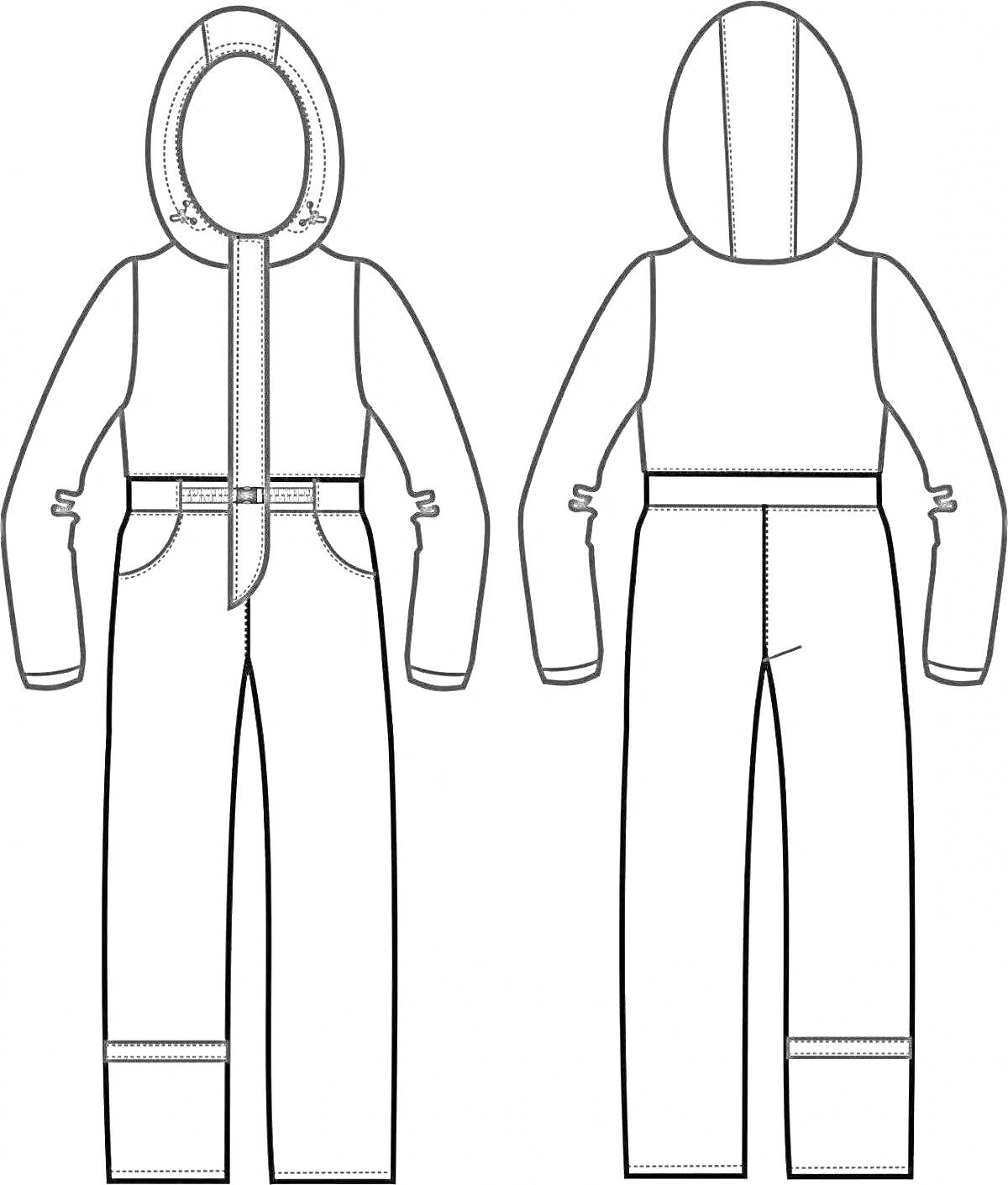 Раскраска Комбинезон с капюшоном, карманами и поясом, вид спереди и сзади