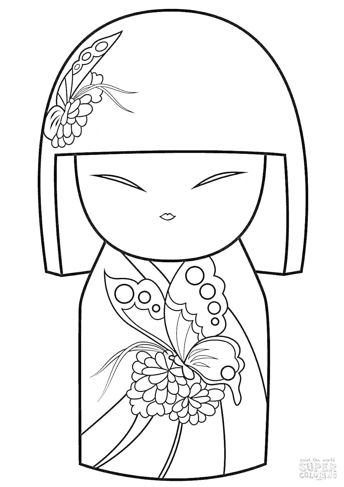 На раскраске изображено: Япония, Кукла, Кимоно, Бабочка, Традиции, Культура, Японский стиль