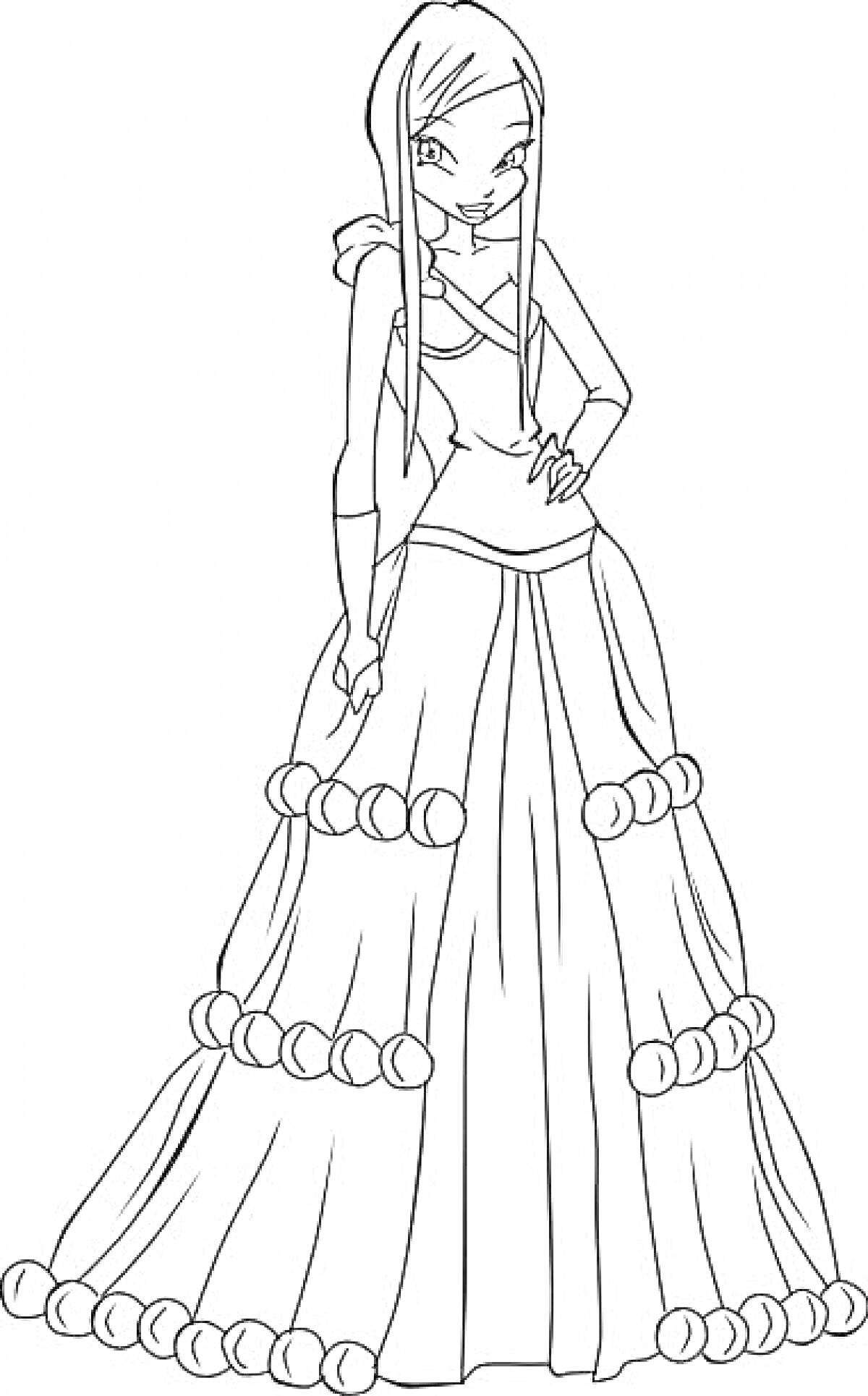 Раскраска Винкс принцесса в длинном платье с круглыми украшениями
