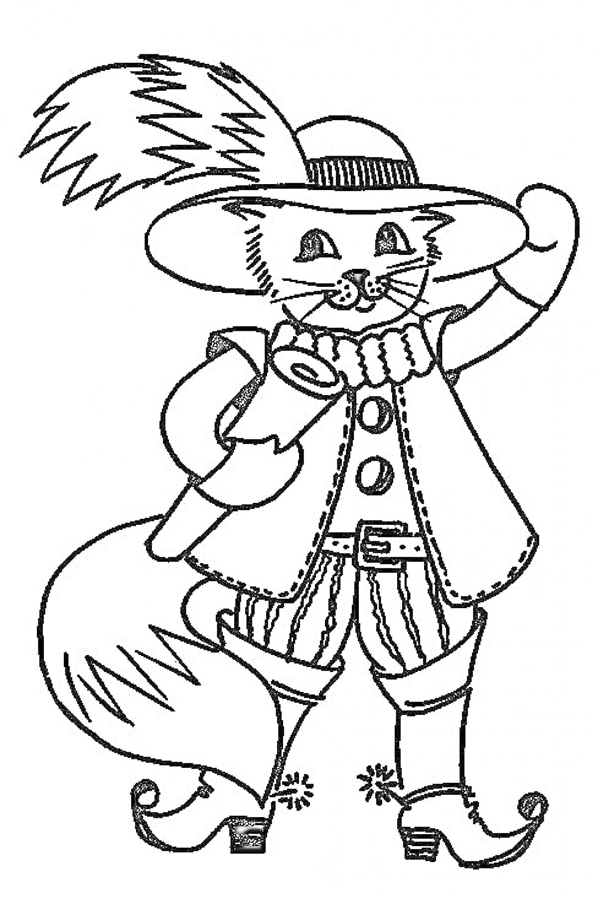 Раскраска Кот в сапогах с пером в шляпе, свитком, жилетом и сапогами