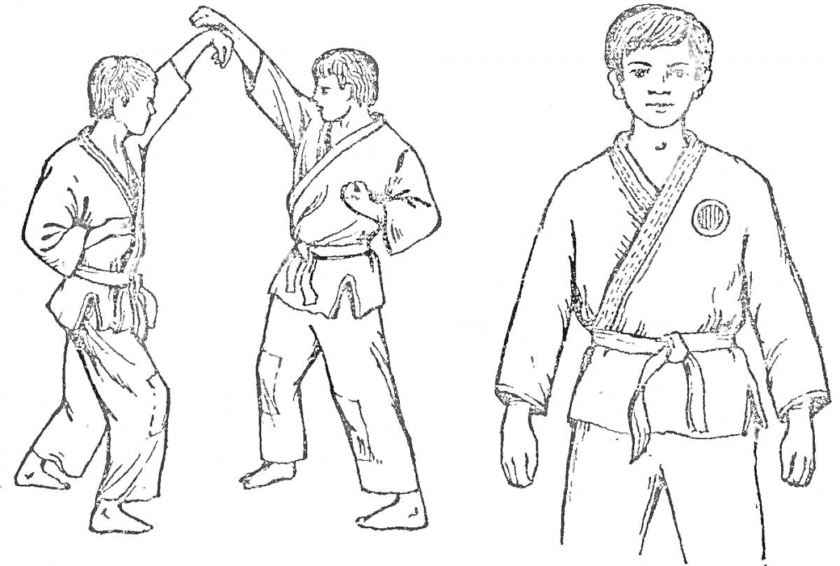 Раскраска Тренировка по айкидо с двумя спортсменами и один стоящий человек