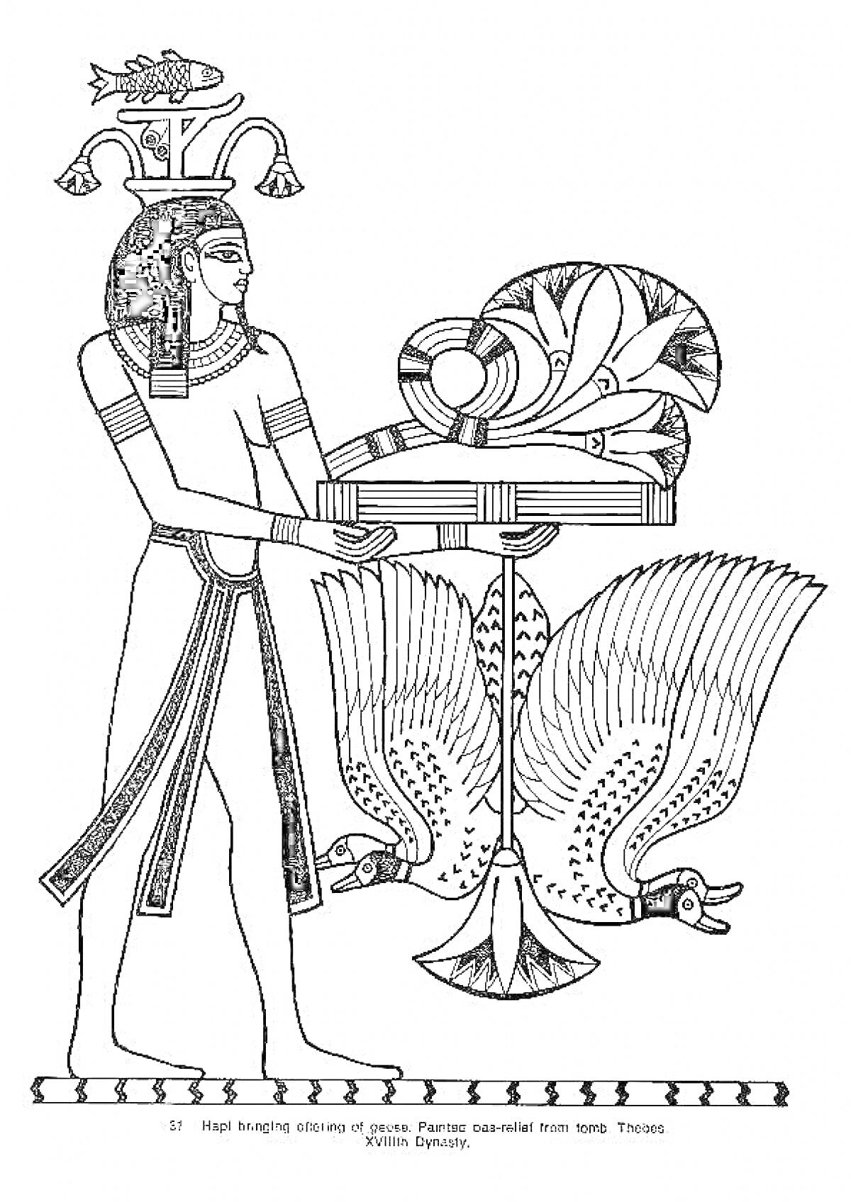 Раскраска Человек в египетской одежде с головным убором, держащий поднос с фруктами, рядом птицы.